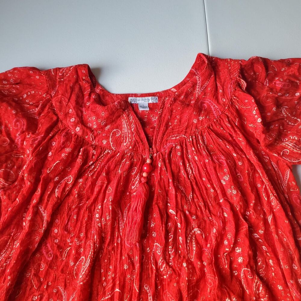 Go Softly Dress Womens Large Red Rayon Paisley Beaded Kaftan Knee Length Boho